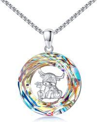 wholesale 925 Sterling Silver Rainbow Crystal Highland Cow Pendant Necklace-Aurore Boreale