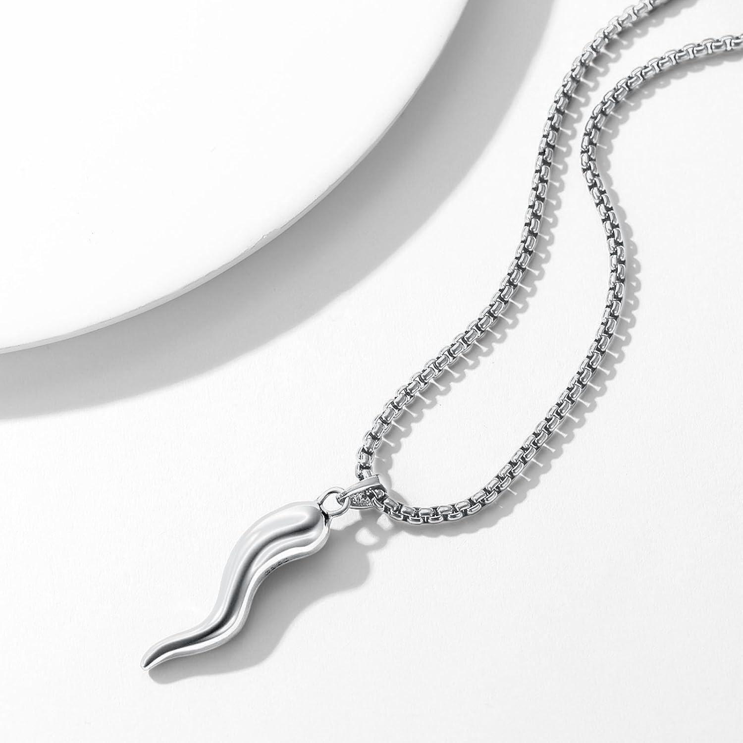 wholesale Stainless Steel & 925 Sterling Silver Italian Horn Pendant Luck Charm Necklaces for Men Women - 24 Chain Length-0-2