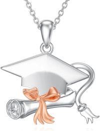 wholesale 925 Sterling Silver Graduation Cap & Diploma Pendant Necklace with Rose Gold Bow Tie Charm for Women's College High School -02-Cap