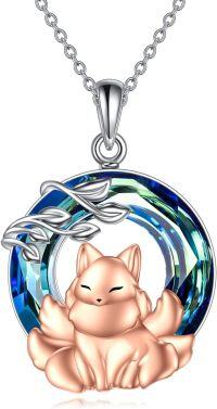 wholesale 925 Sterling Silver Blue Crystal Fox Pendant Necklace with Chain 45cm Length-Nine Tail Fox