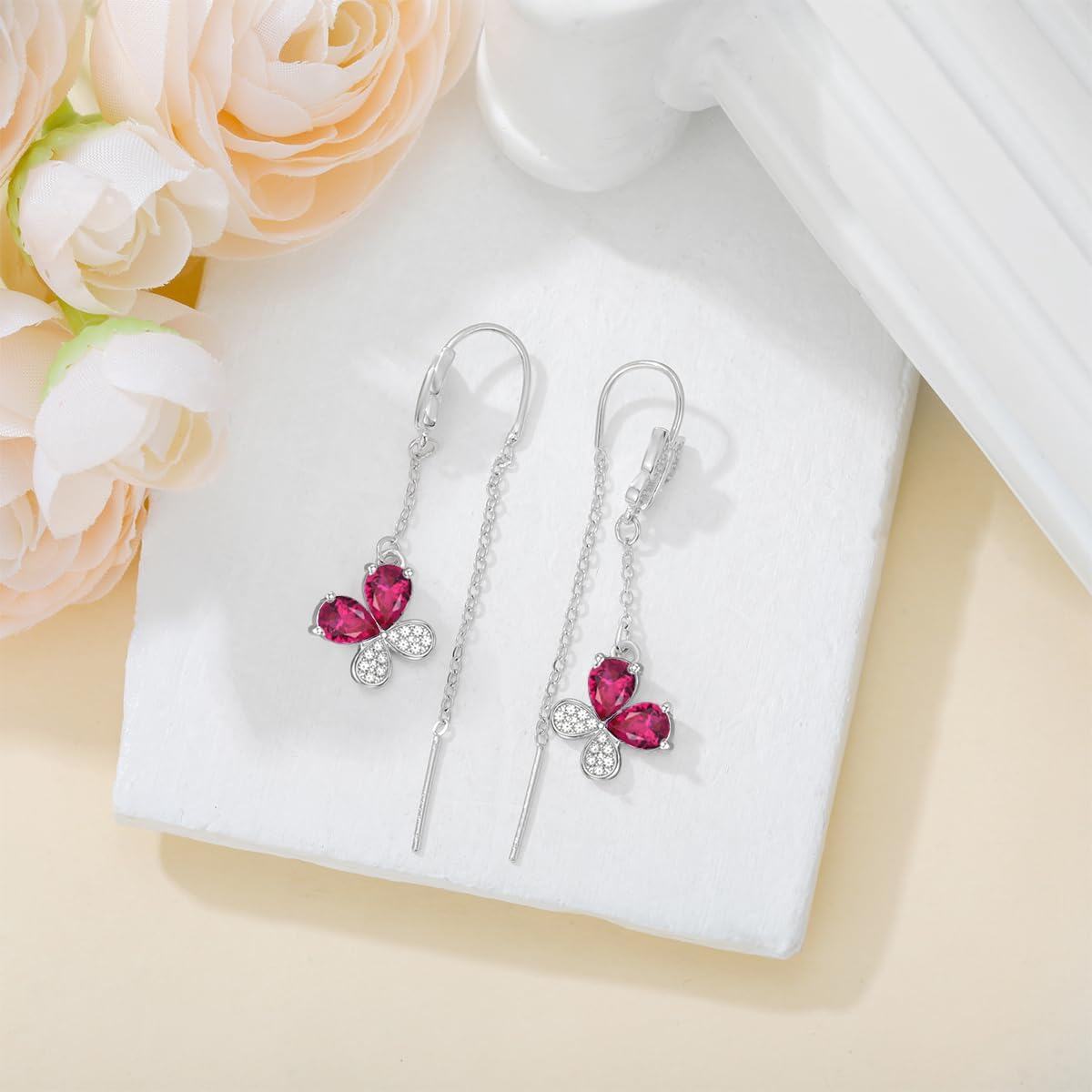 925 Sterling Silver 12 Birthstone Butterfly Threader Drop Earrings-0-3