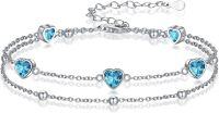 wholesale 925 Sterling Silver Blue Topaz & Cubic Zirconia Double Strand Heart Charm Bracelet - December Birthstone Gift for Women-12-Dec.-Blue topaz
