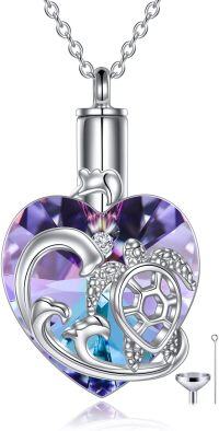 wholesale 925 Sterling Silver Turtle & Wave Purple Swarovski Crystal Cremation Jewelry Urn Pendant Necklace with Funnel and Fill Tool-Turtle