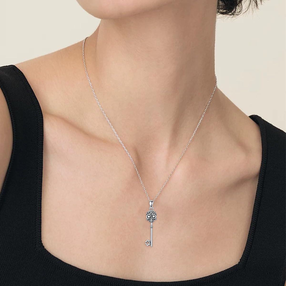 Sterling Silver Key Pendant Necklace with Butterfly Skull Saturn for Women Men-0-4