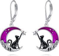 wholesale 925 Sterling Silver Purple Enamel Starry Night Black Cat Crescent Moon Drop Earrings-Purple Moon Cat Earrings