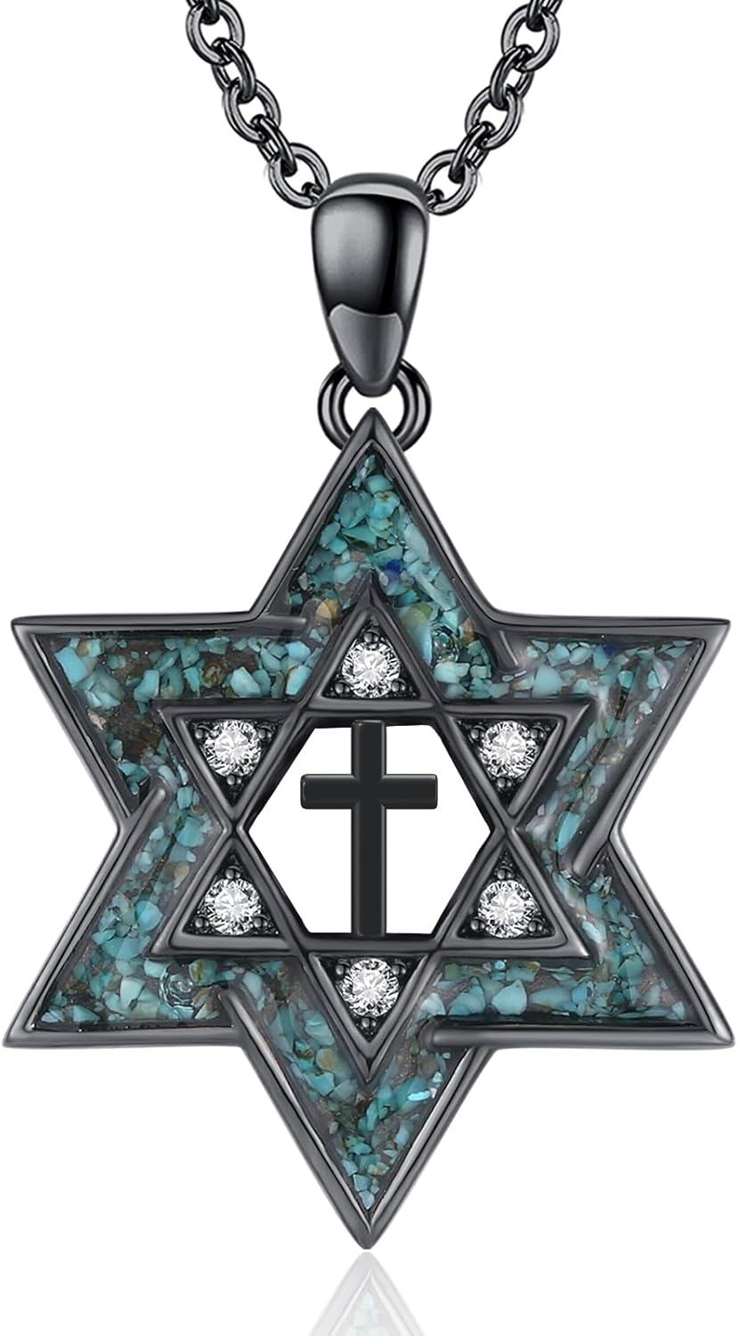 Sterling Silver Black Turquoise Star of David Pendant Necklace Jewish Jewelry Gifts for Women-Cross
