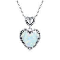 wholesale 925 Sterling Silver Heart White Opal Pendant Necklace Oxidized Beaded Border Women Jewelry-01-Heart Opal