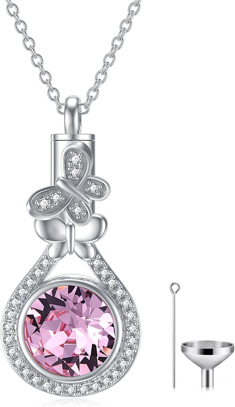 Sterling Silver Austrian Crystal Butterfly Urn Necklace for Ashes-10-Oct. Pink Crystal