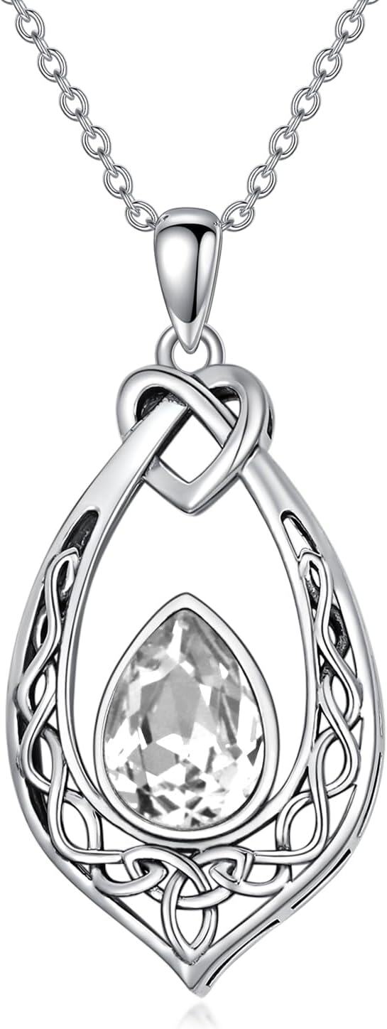 Sterling Silver Simulated Birthstone Celtic Knot Necklace Oxidized Vintage Love Knot Pendant Women s Jewelry Gift-Clear White