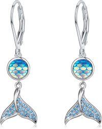 wholesale 925 Sterling Silver Blue Moonstone Mermaid Tail Leverback Drop Earrings-Blue Fish Scale