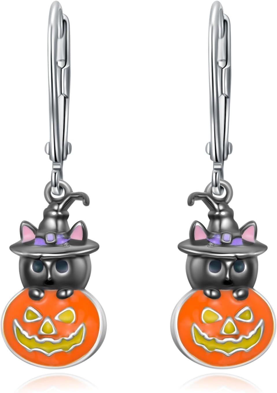 Sterling Silver Snowflake Daisies Sunflower Comedy Tragedy Mask Opera Mask Hummingbird Black Cat Dangle Earrings for Women-Black Cat Pumpkin