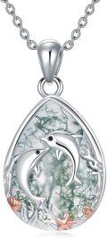 wholesale 925 Sterling Silver Green Moss Agate Dolphins Pendant Necklace for Women Girls Ocean s-0-0