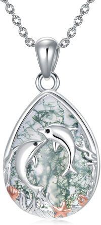 wholesale 925 Sterling Silver Green Moss Agate Dolphins Pendant Necklace for Women Girls Ocean s-Dolphin Necklace2
