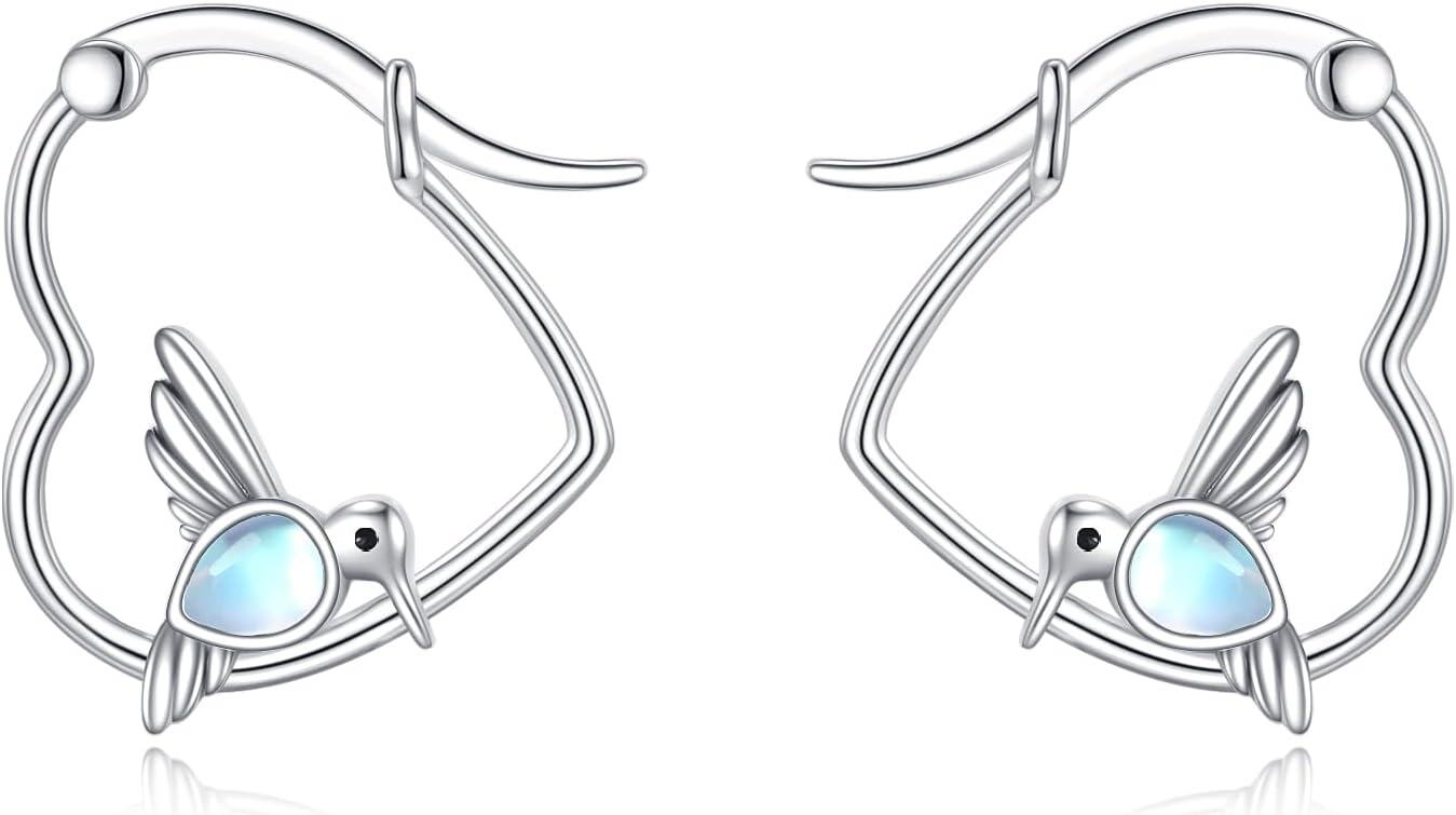 Sterling Silver Heart Hoop Animal Earrings Gifts for Women-Hummingbird