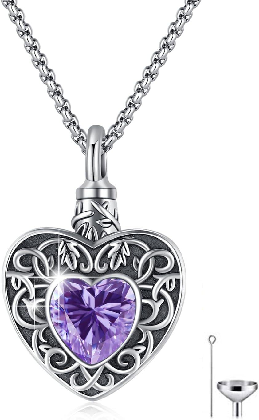 925 Sterling Silver Heart Shaped Purple Crystal Memorial Urn Necklace with Funnel and Fill Tool for Ashes Keepsakes-0-0