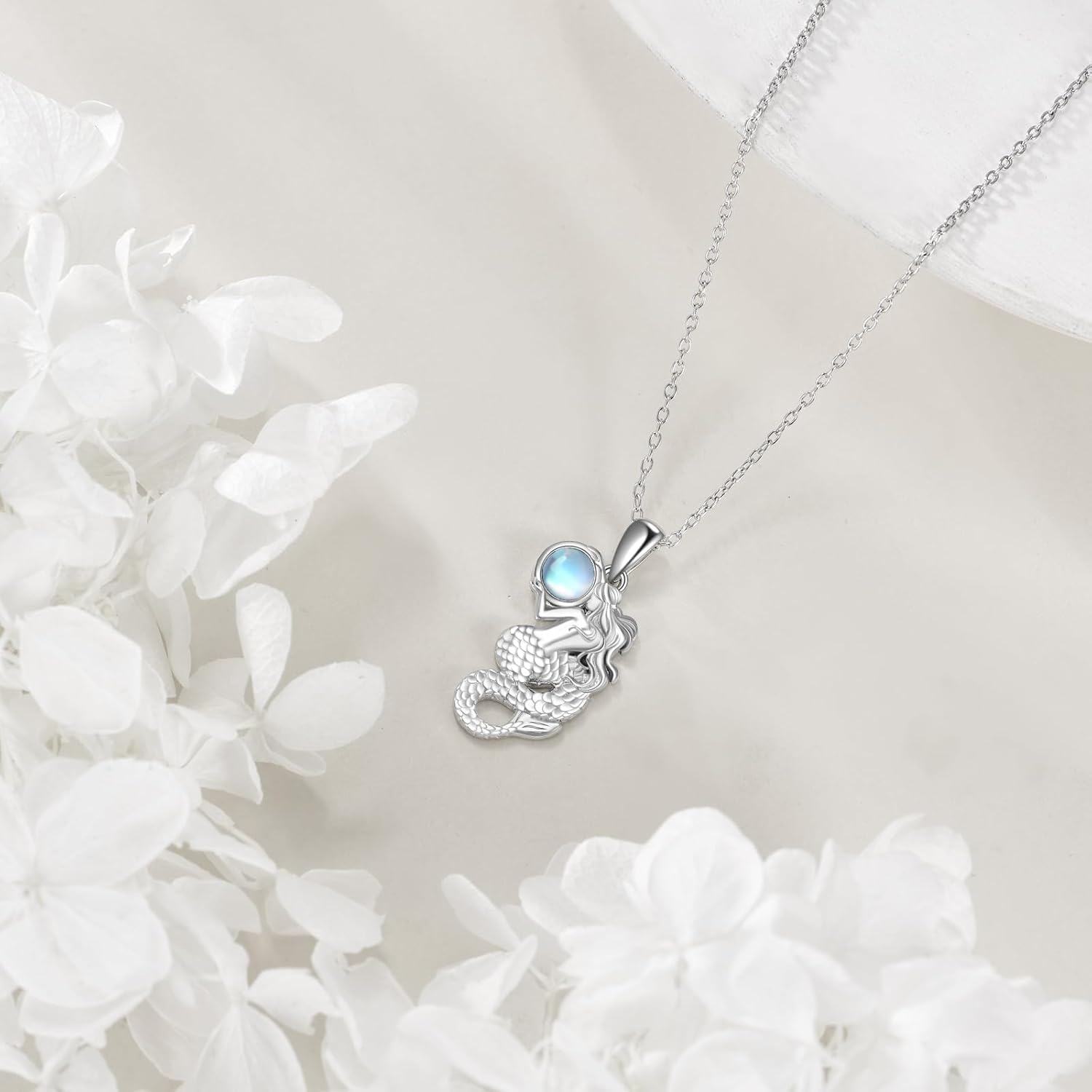Sterling Silver Moonstone Mermaid Tail Pendant Necklace Ocean Jewelry-0-2