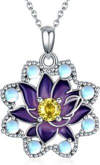 wholesale 925 Sterling Silver Purple Lotus Flower Pendant Necklaces with Yellow Crystal and Moonstone Gifts for Women-Lotus Flower
