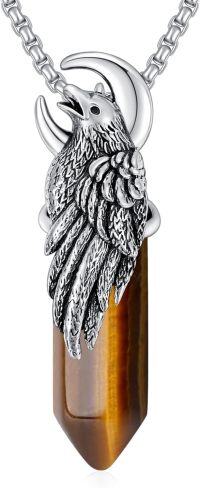 wholesale  Sterling Silver Raven Necklace Gothic Crow Pendant Jewelry for Men Women -D03-Tiger Eye