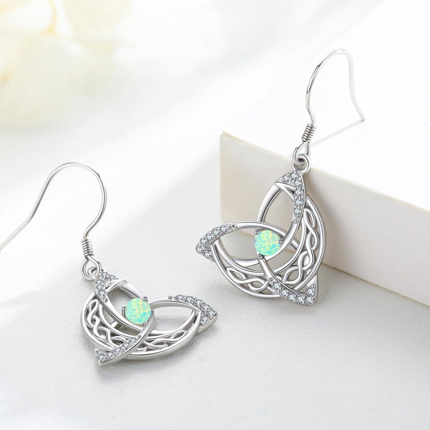 wholesale 925 Sterling Silver Opal Triquetra Trinity Knot Drop Dangle Leverback Earrings - Moon & Stars  for Women Girls-0-4