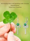wholesale 925 Sterling Silver Lucky Shamrock Drop Dangle Leverback Earrings with Green Crystal Heart and Knot Design-0-5