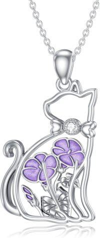 wholesale Sterling Silver Lab Grown Diamond Cat Birth Flower Necklace for Women-9-Cat and Morning Glory