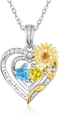 wholesale Sterling Silver 2 Birthstones Sunflower Heart Necklace for Women-03-11-Mar-Nov