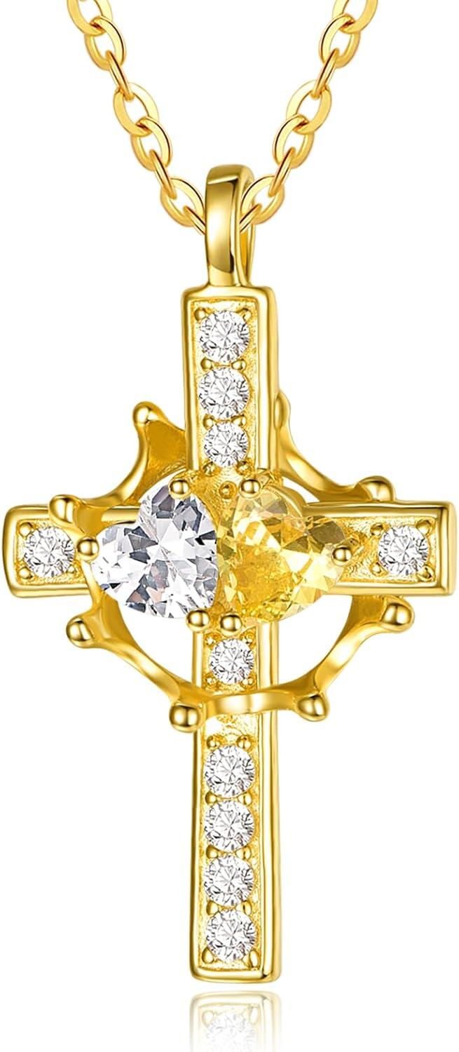 Sterling Silver Birthstones Gold Cross Necklace for Women -04-11-Apr-Nov-04-11-Apr-Nov