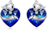 wholesale 925 Sterling Silver Blue Crystal Heart Fox Stud Earrings for Women Austrian Gifts-Blue