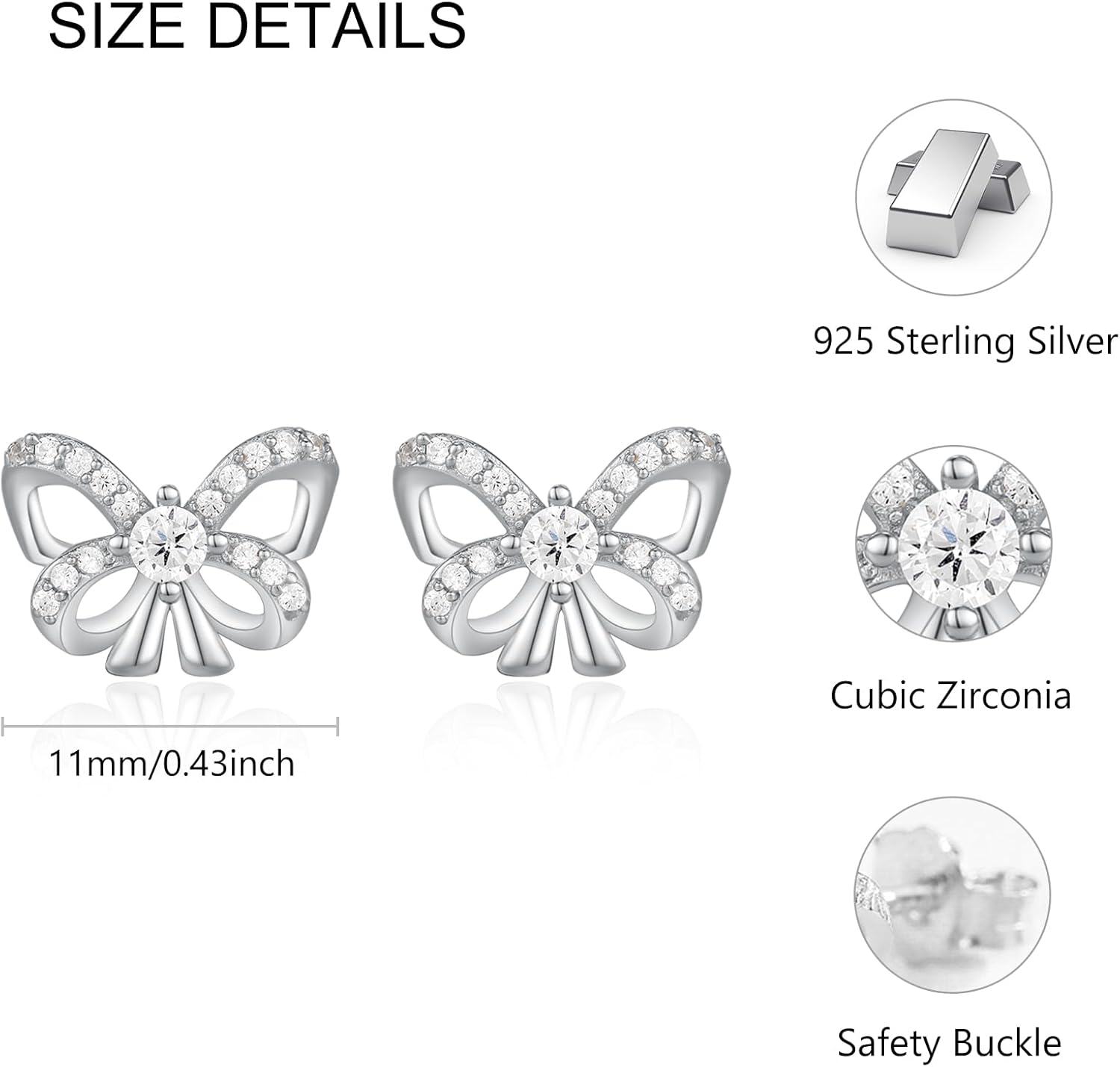  Metal Sterling Silver Stone Bow Stud Earrings for Women Ribbon Jewelry -0-3