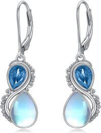 wholesale Sterling Silver Moonstone Valentine Vintage Dangle Teardrop Leverback Earrings w Birthstone Gifts for Her-Aqua Blue