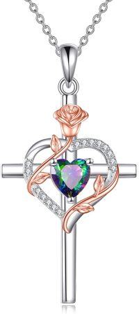 wholesale Sterling Silver Birthstones Rose Cross Heart Crucifix Pendant Necklace for Women-06-Alexandrite