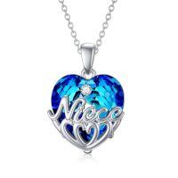 wholesale 925 Sterling Silver Blue Crystal Heart Pendant Necklaces for Aunt & Niece-Niece（Blue)