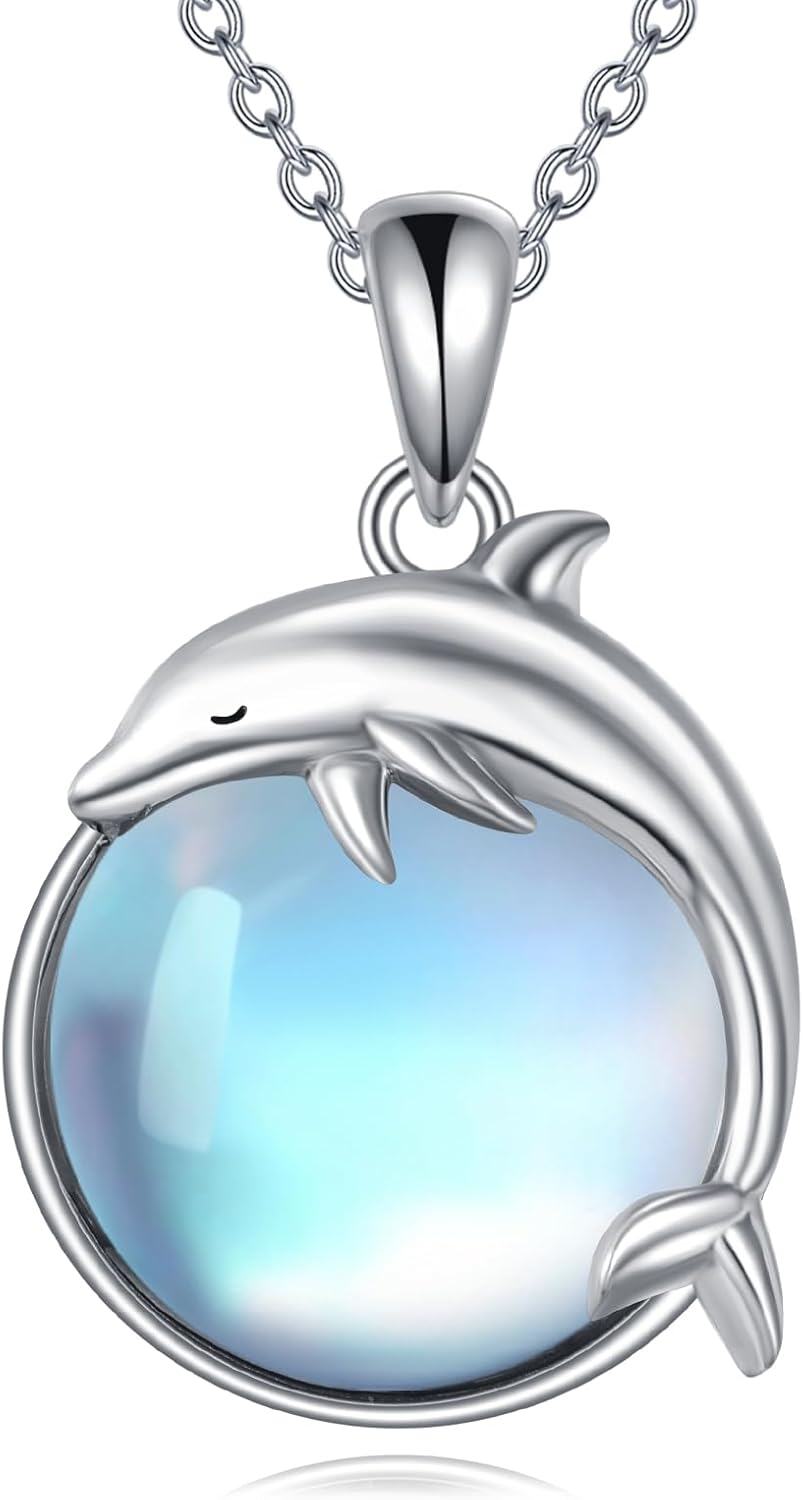 925 Sterling Silver Dolphin Blue Moonstone Pendant Necklace for Women's Gifts-0-0