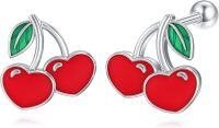 wholesale 925 Sterling Silver Red Cherry Stud Earrings with Green Leaves and Heart-Shaped Design-Cherry