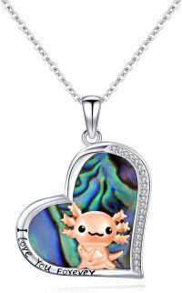 wholesale 925 Sterling Silver I Love You Forever Axolotl in Abalone Shell Heart Pendant Necklace for Women Girls Gifts-Abalone