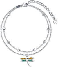 wholesale 925 Sterling Silver Double Layered Ankle Anklet with Enamel Dragonfly and Beads - Adjustable Size for Women & Girls Ideal as Anniversary or Birthday Gifts-Dragonfly Anklet 9\"-11\"