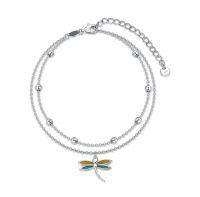 wholesale 925 Sterling Silver Double Layered Ankle Anklet with Enamel Dragonfly and Beads - Adjustable Size for Women & Girls Ideal as Anniversary or Birthday Gifts-Dragonfly Anklet 9\"-11\"