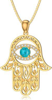wholesale 18K Gold Plated Evil Eye Hamsa Necklace with Natural Gemstone-Turquoise