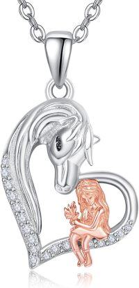 wholesale 925 Sterling Silver Necklace for Women Unicorn Pendant Summer Beach Jewelry Animal Heart Necklace-Horse and Girl