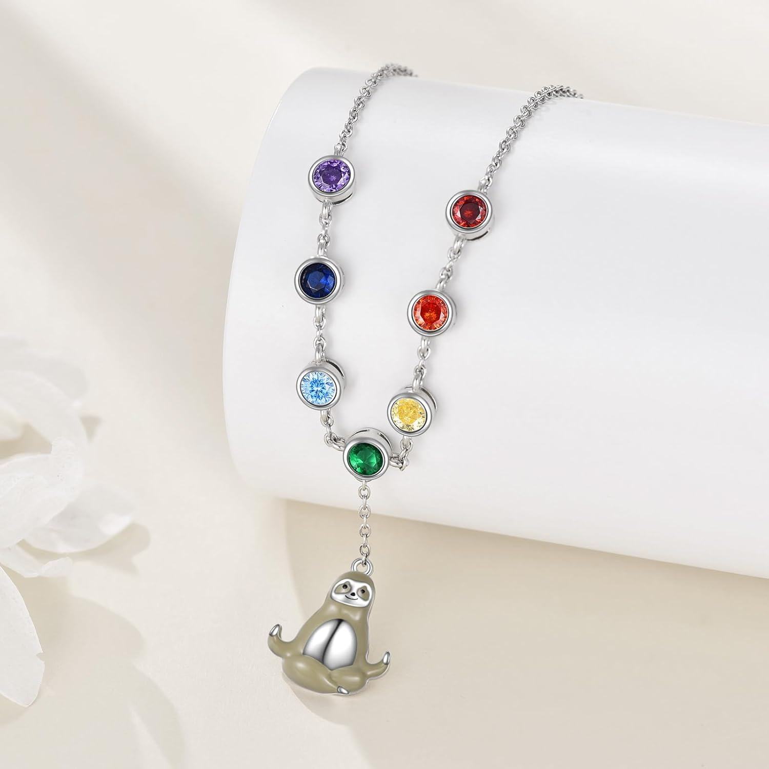 wholesale 925 Sterling Silver Sloth Charm Rainbow CZ Y-Necklace for Women Girls  43cm Chain Length-0-3