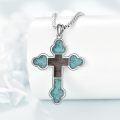 wholesale 925 Sterling Silver 925 Cross with Turquoise Stones and Wooden Inlay Pendant Necklace -0-3