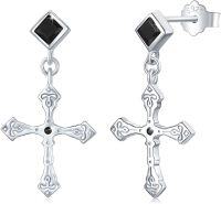 wholesale 925 Sterling Silver Cross Black Onyx Dangle Stud Earrings for Women Gifts-F3-Cross