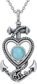 wholesale 925 Sterling Silver Heart-Shaped Larimar Stone Anchor Pendant Necklace-0-0