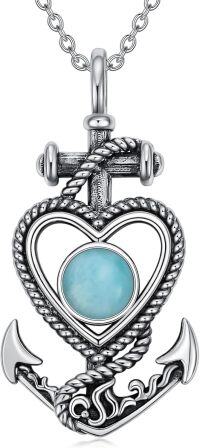 wholesale 925 Sterling Silver Heart-Shaped Larimar Stone Anchor Pendant Necklace-Style A