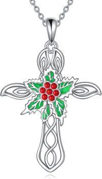 wholesale 925 Sterling Silver Cross with Holly Berry Design Pendant Necklace - Christmas Gifts for Women-Holly