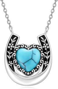 wholesale 925 Sterling Silver Heart-Shaped Turquoise & Black Enamel Lucky Horse Shoe Pendant Necklace for Women Girls  43cm Chain Length-Turquoise