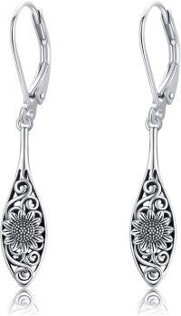 wholesale 925 Sterling Silver Drop Earrings with Sunflowers and Scrollwork Design-Antique Sunflower Earrings Teardrop