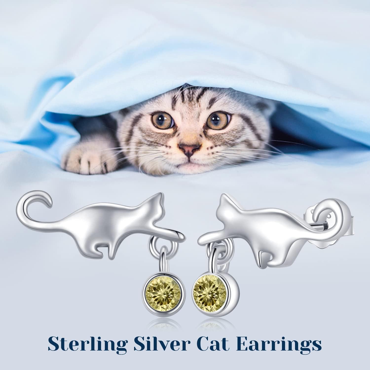 925 Sterling Silver Yellow Crystal Cat Stud Earrings - Adorable Kitty  for Her-0-5