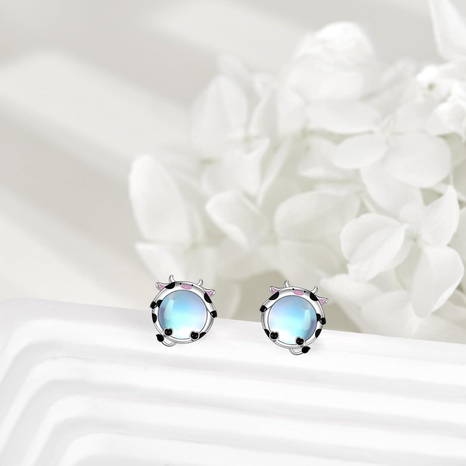 Sterling Silver Moonstone Cat Panda Fox Cow Owl Stud Earrings for Women-0-4