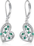 wholesale 925 Sterling Silver Heart-Shaped Tree of Life Green Crystal Drop Earrings-0-0